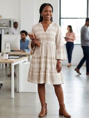 Boho Tiered Peasant Dress in Beige and Cream